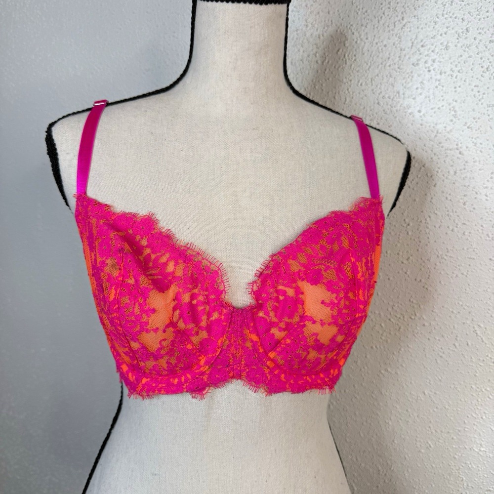 Victoria's Secret Very Sexy Unlined Underwire Floral Lace Bra Pink/Orange 32DD